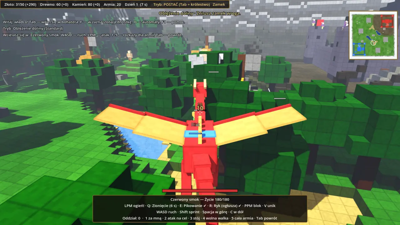 Strategia 3D – gracz leci czerwonym smokiem nad lasem